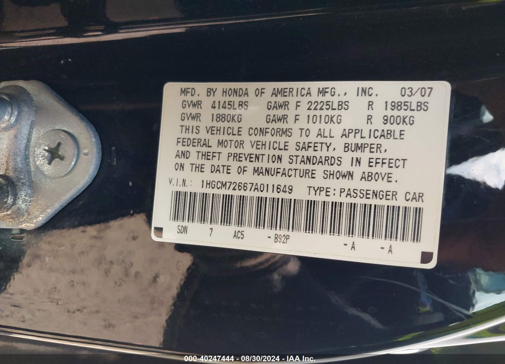 2007 HONDA ACCORD 2.4 EX VIN: 1HGCM72667A011649