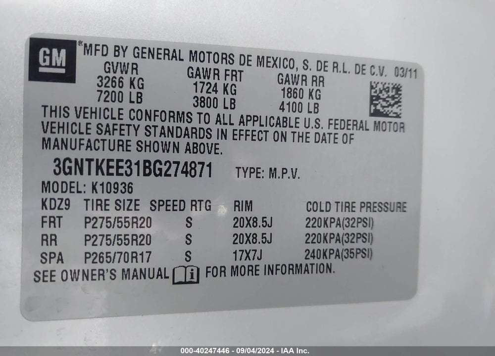 2011 CHEVROLET AVALANCHE 1500 LS VIN: 3GNTKEE31BG274871