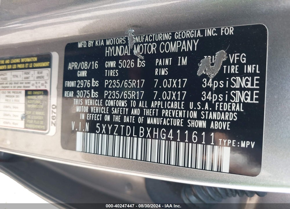 2017 HYUNDAI SANTA FE SPORT 2.4L VIN: 5XYZTDLBXHG411611