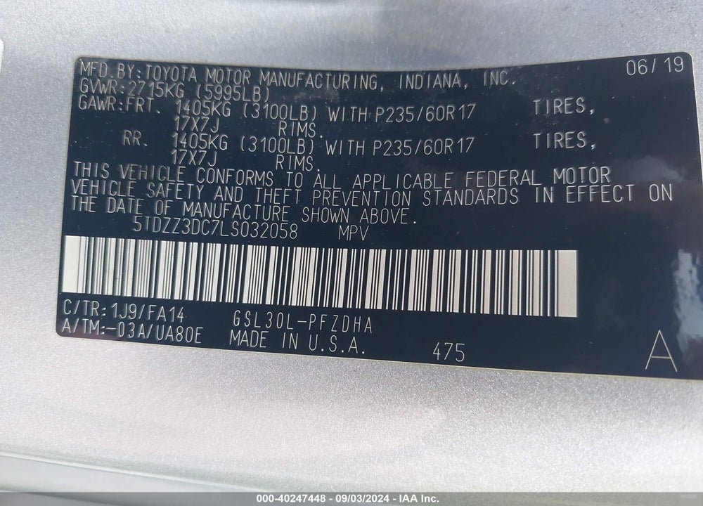 2020 TOYOTA SIENNA L VIN: 5TDZZ3DC7LS032058