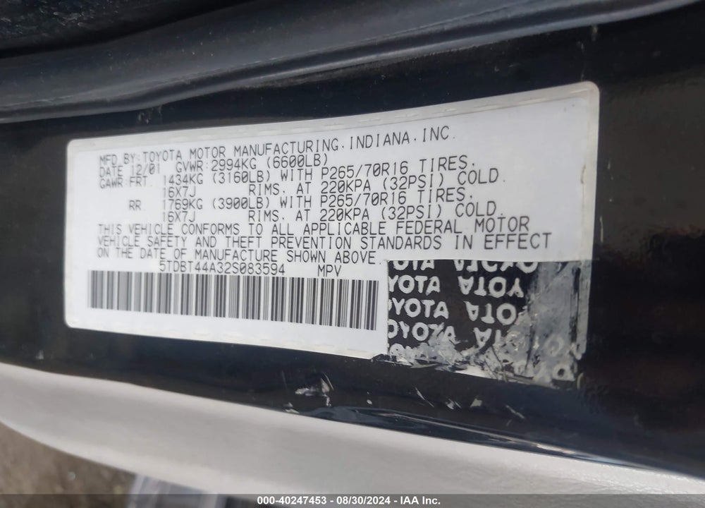 2002 TOYOTA SEQUOIA SR5 V8 VIN: 5TDBT44A32S083594