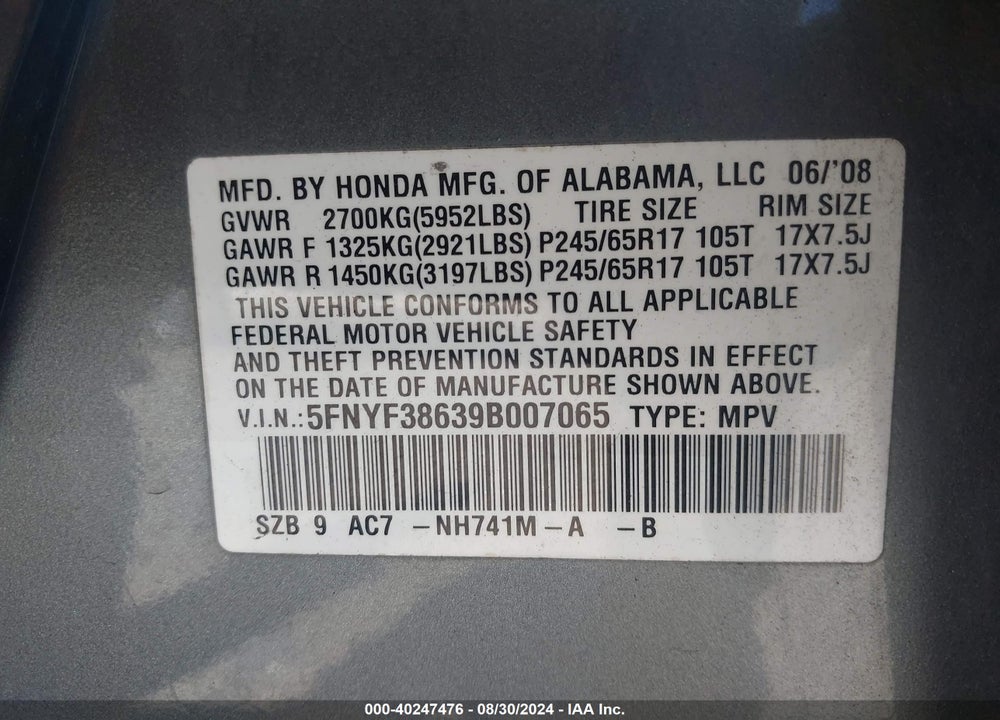 2009 HONDA PILOT EX-L VIN: 5FNYF38639B007065