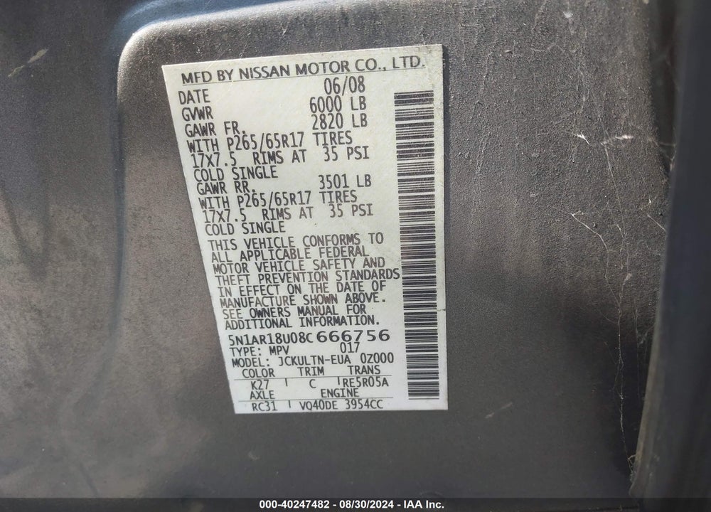 2008 NISSAN PATHFINDER SE VIN: 5N1AR18U08C666756
