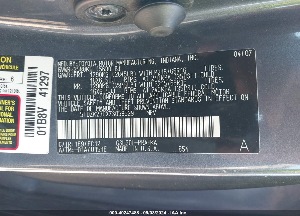 2007 TOYOTA SIENNA LE VIN: 5TDZK23CX7S058529