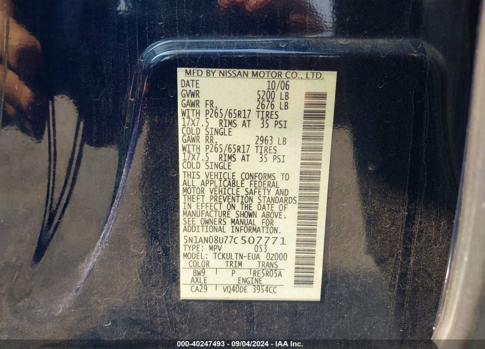 2007 NISSAN XTERRA SE VIN: 5N1AN08U77C507771