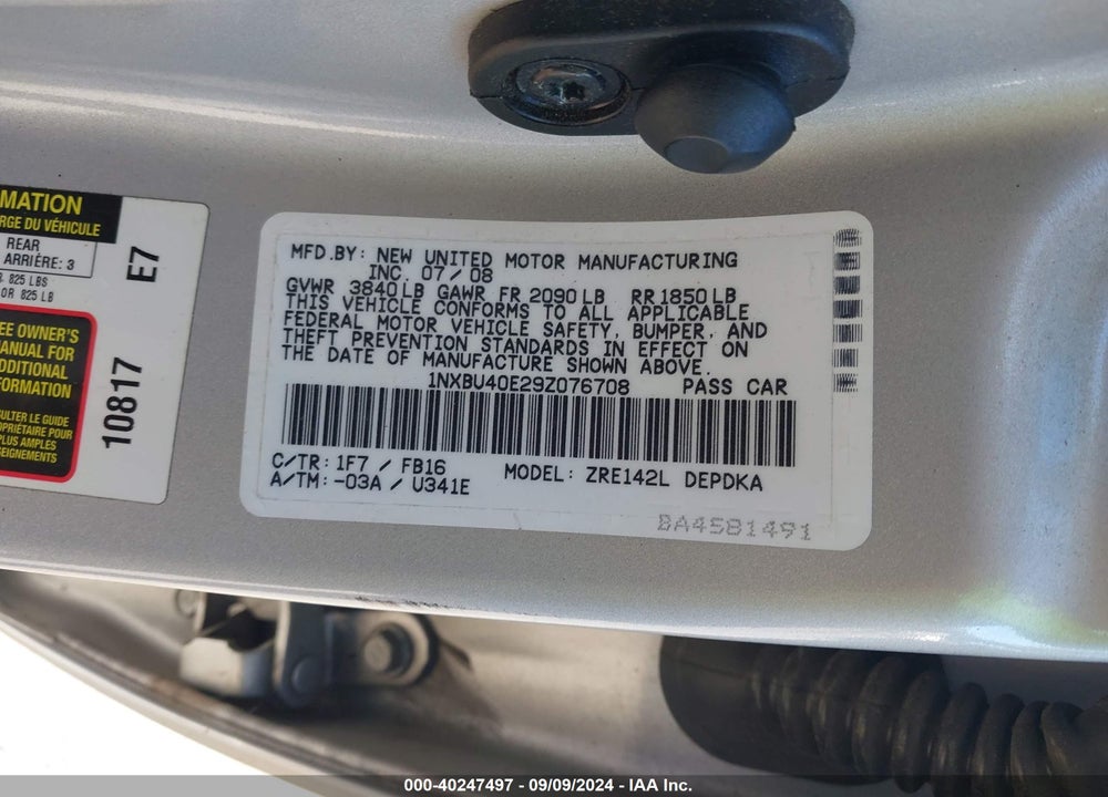 2009 TOYOTA COROLLA LE VIN: 1NXBU40E29Z076708