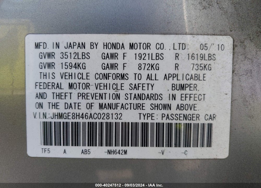 2010 HONDA FIT SPORT VIN: JHMGE8H46AC028132
