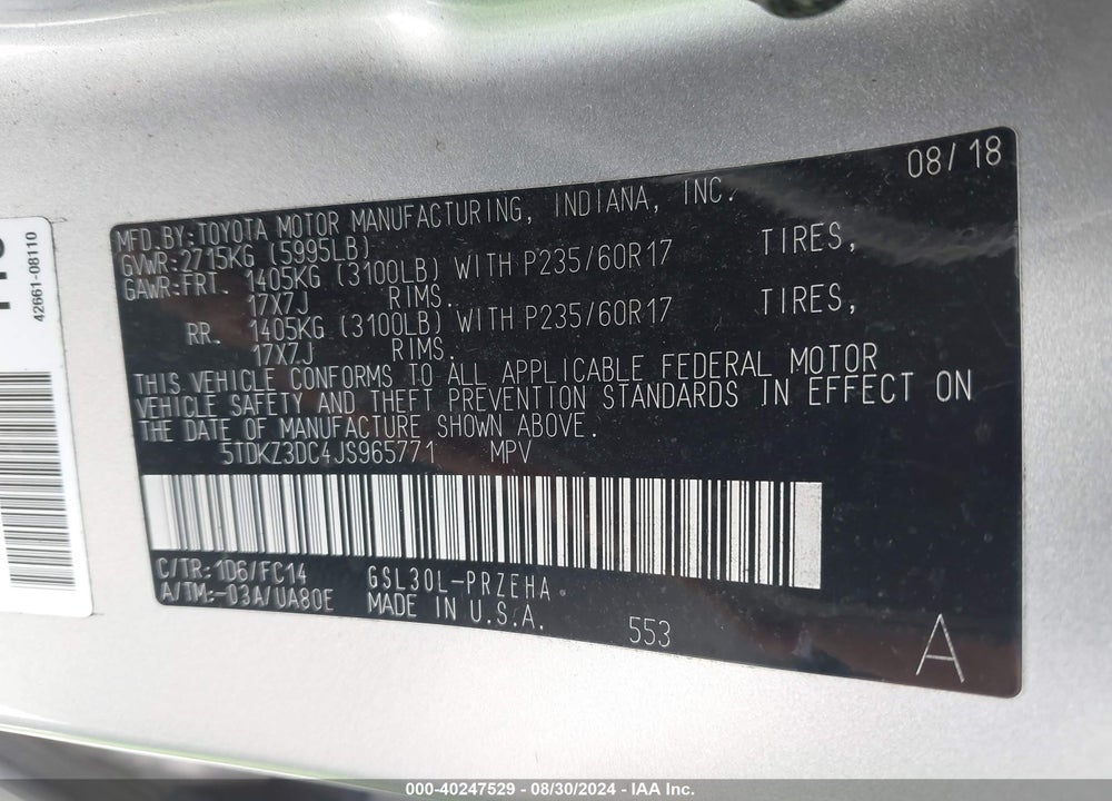 2018 TOYOTA SIENNA LE 8 PASSENGER VIN: 5TDKZ3DC4JS965771