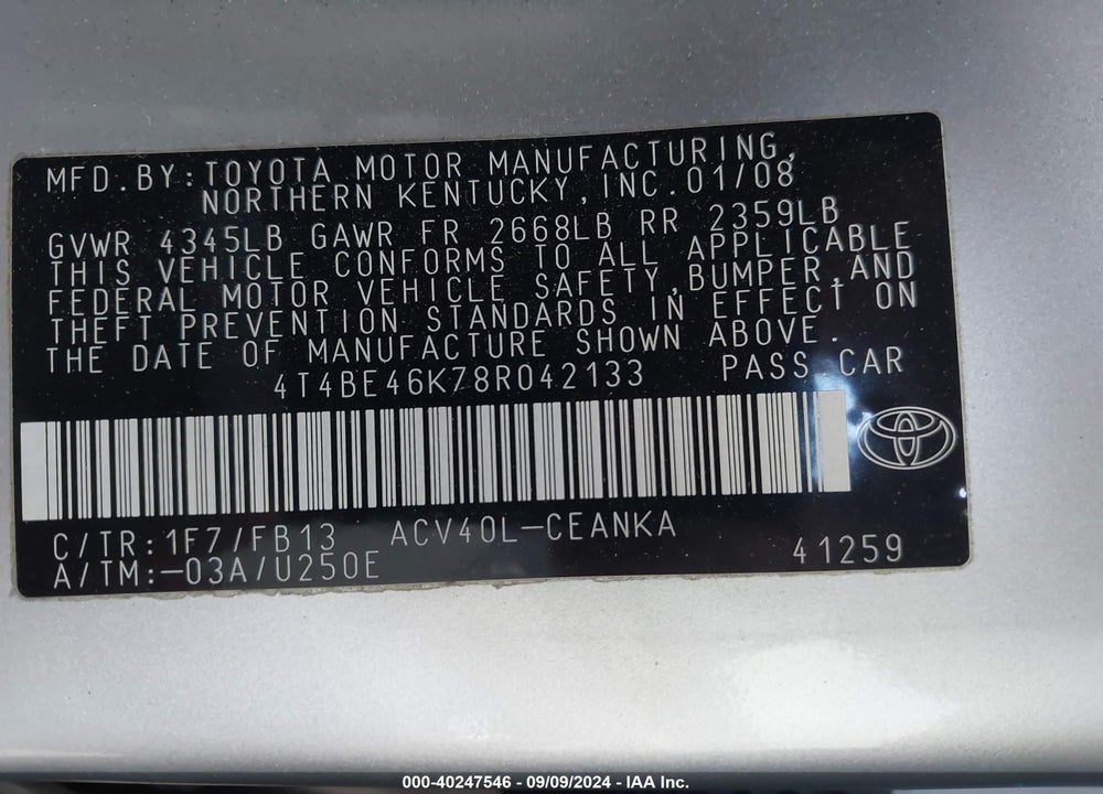 2008 TOYOTA CAMRY LE VIN: 4T4BE46K78R042133
