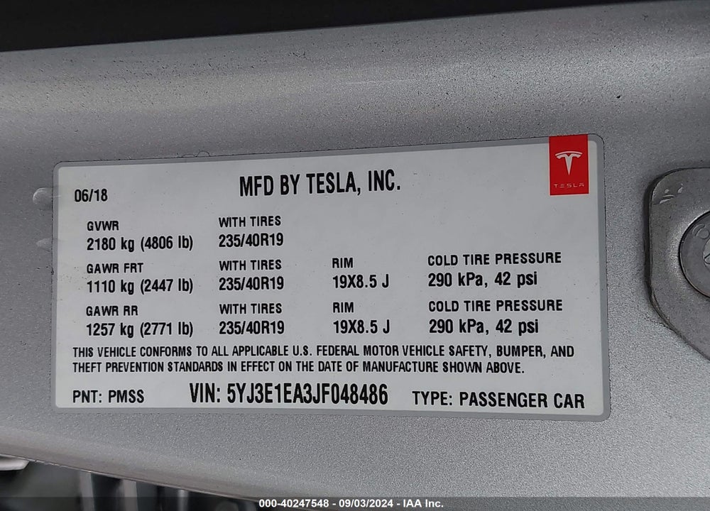 2018 TESLA MODEL 3 LONG RANGE/MID RANGE VIN: 5YJ3E1EA3JF048486