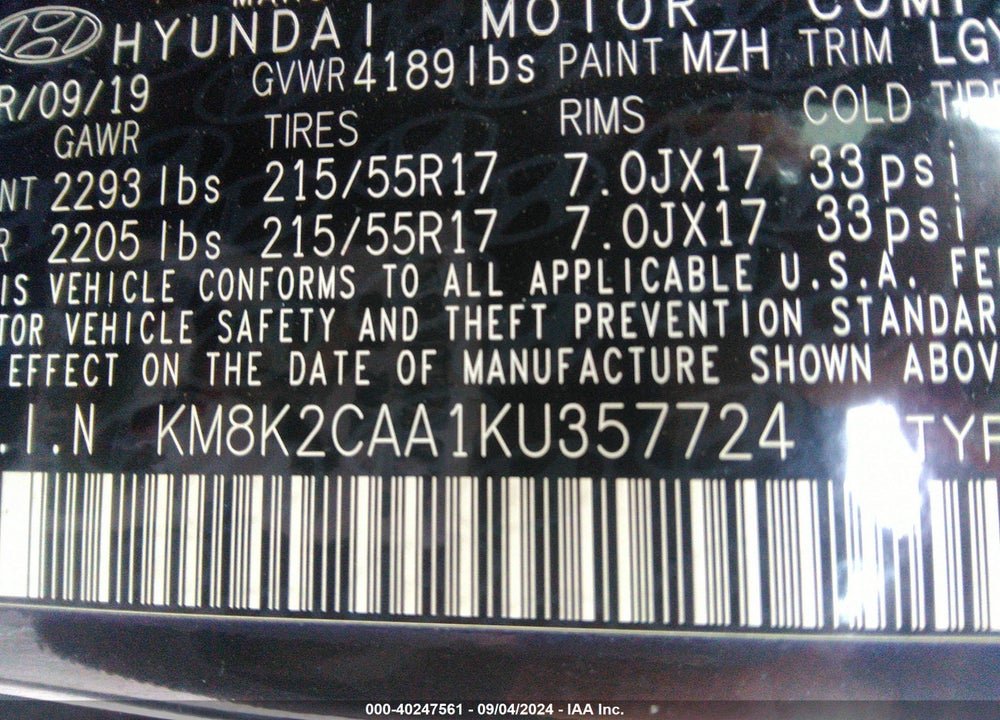 2019 HYUNDAI KONA SEL VIN: KM8K2CAA1KU357724