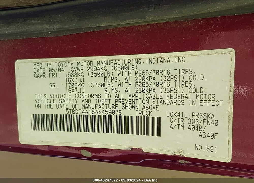 2004 TOYOTA TUNDRA SR5 V8 VIN: 5TBDT44184S459078