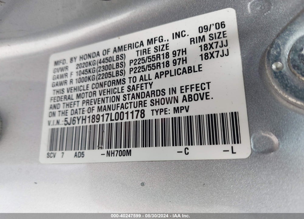 2007 HONDA ELEMENT SC VIN: 5J6YH18917L001178