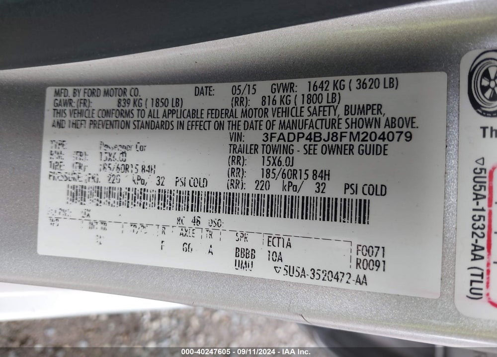 2015 FORD FIESTA SE VIN: 3FADP4BJ8FM204079