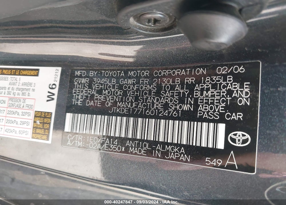 2006 SCION TC VIN: JTKDE177160124761