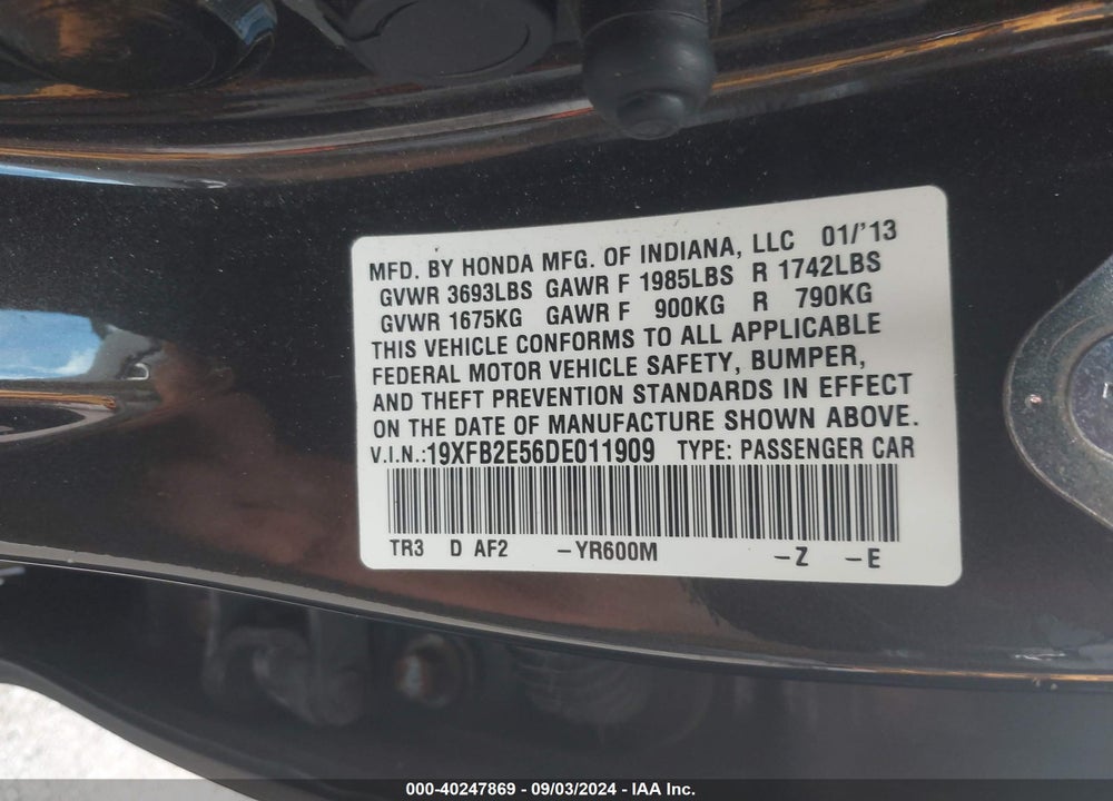 2013 HONDA CIVIC LX VIN: 19XFB2E56DE011909