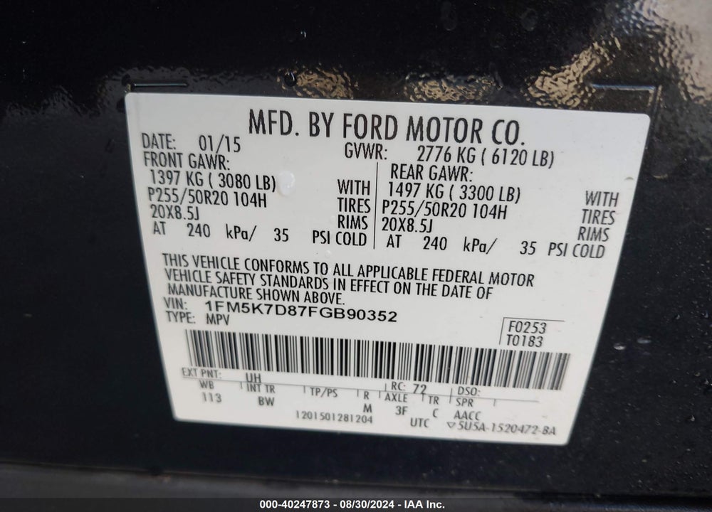 2015 FORD EXPLORER XLT VIN: 1FM5K7D87FGB90352
