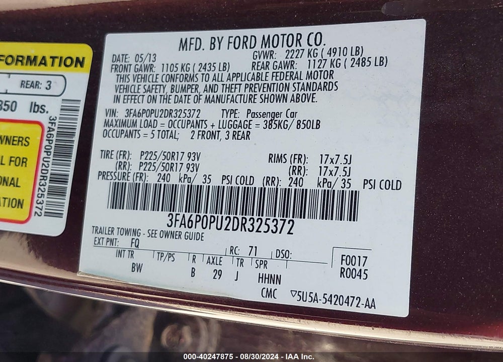 2013 FORD FUSION ENERGI SE LUXURY VIN: 3FA6P0PU2DR325372