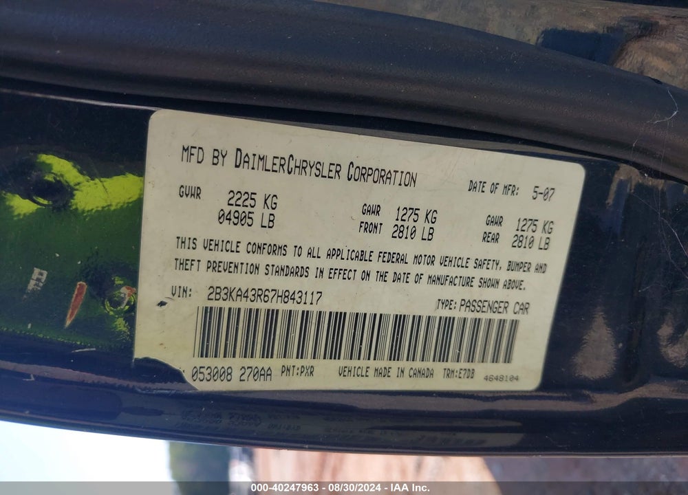 2007 DODGE CHARGER VIN: 2B3KA43R67H843117