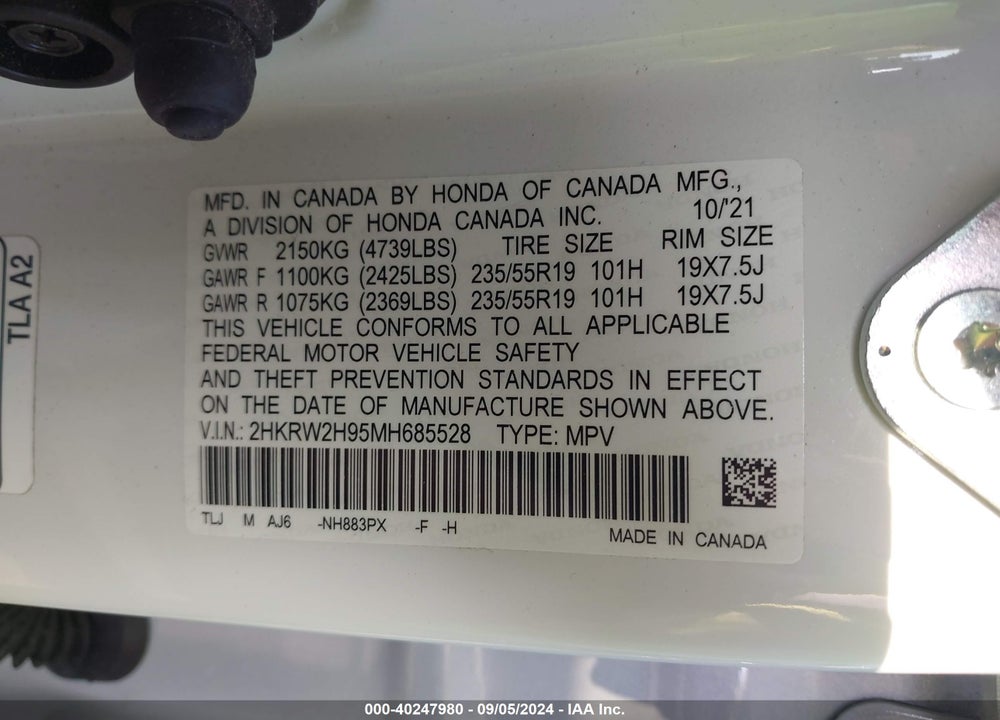 2021 HONDA CR-V AWD TOURING VIN: 2HKRW2H95MH685528