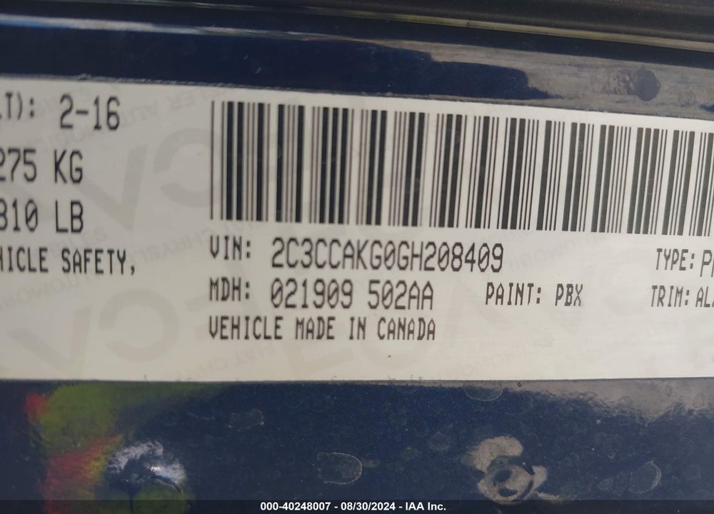 2016 CHRYSLER 300C AWD VIN: 2C3CCAKG0GH208409