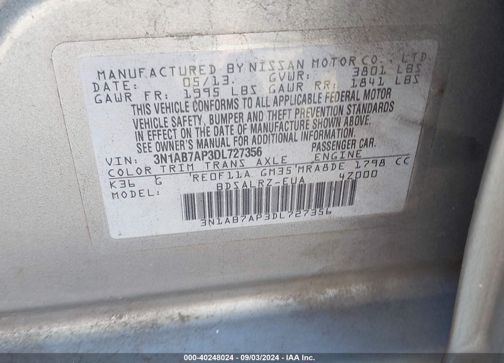 2013 NISSAN SENTRA SR VIN: 3N1AB7AP3DL727356