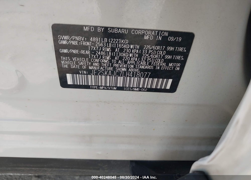 2020 SUBARU FORESTER PREMIUM VIN: JF2SKAJC7LH418077