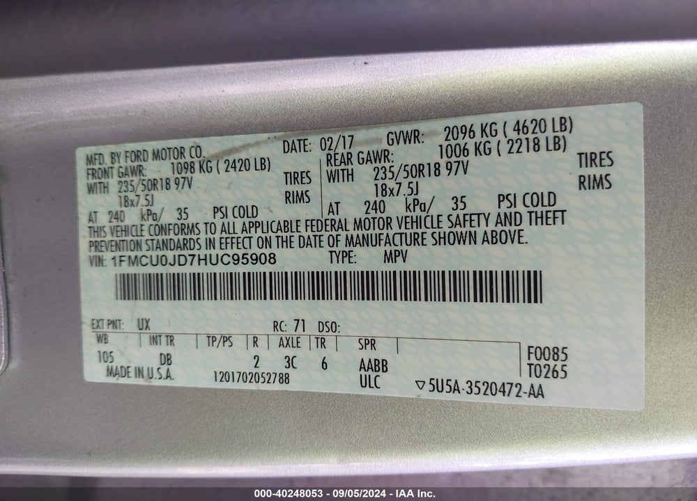 2017 FORD ESCAPE TITANIUM VIN: 1FMCU0JD7HUC95908
