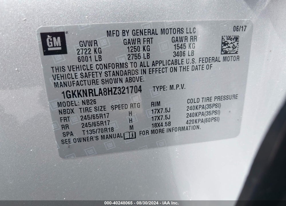 2017 GMC ACADIA SLE-1 VIN: 1GKKNRLA8HZ321704