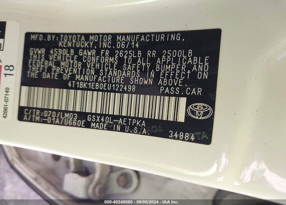 2014 TOYOTA AVALON VIN: 4T1BK1EB0EU122498