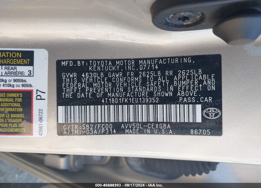 2014 TOYOTA CAMRY HYBRID XLE VIN: 4T1BD1FK1EU139352
