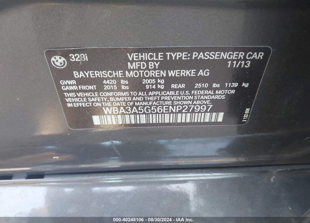 2014 BMW 328I VIN: WBA3A5G56ENP27997