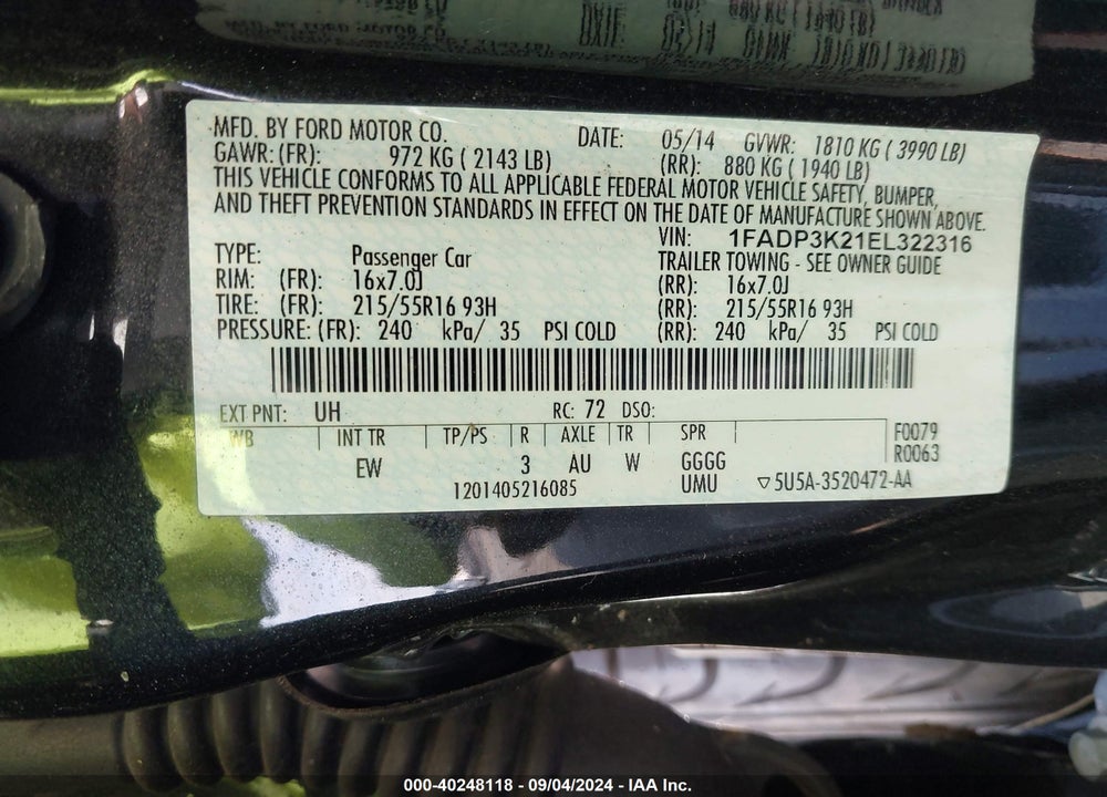 2014 FORD FOCUS VIN: 1FADP3K21EL322316