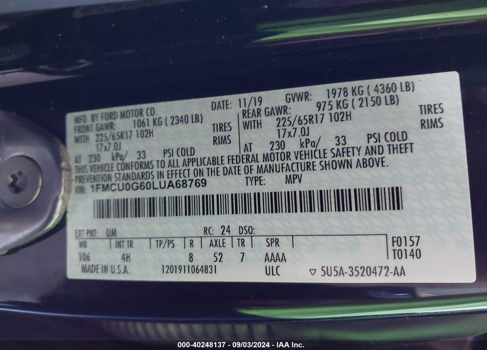 2020 FORD ESCAPE SE VIN: 1FMCU0G60LUA68769