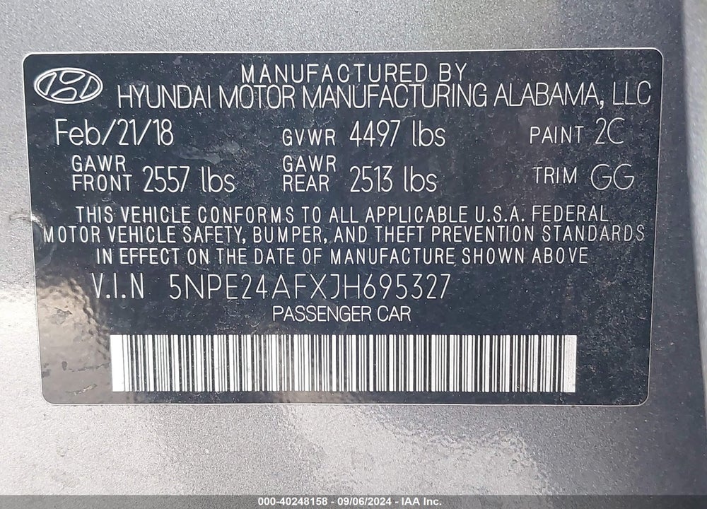 2018 HYUNDAI SONATA SE VIN: 5NPE24AFXJH695327