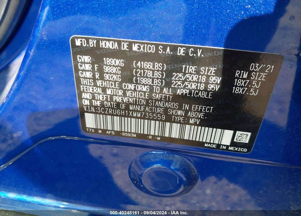 2021 HONDA HR-V AWD SPORT VIN: 3CZRU6H1XMM735559