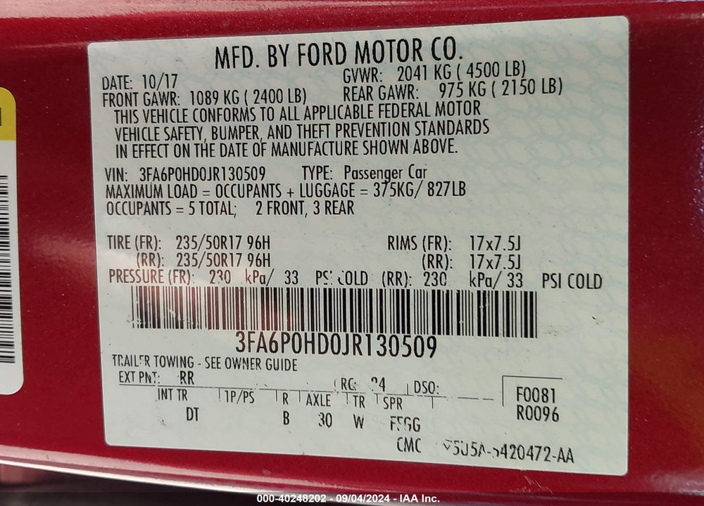 2018 FORD FUSION SE VIN: 3FA6P0HD0JR130509