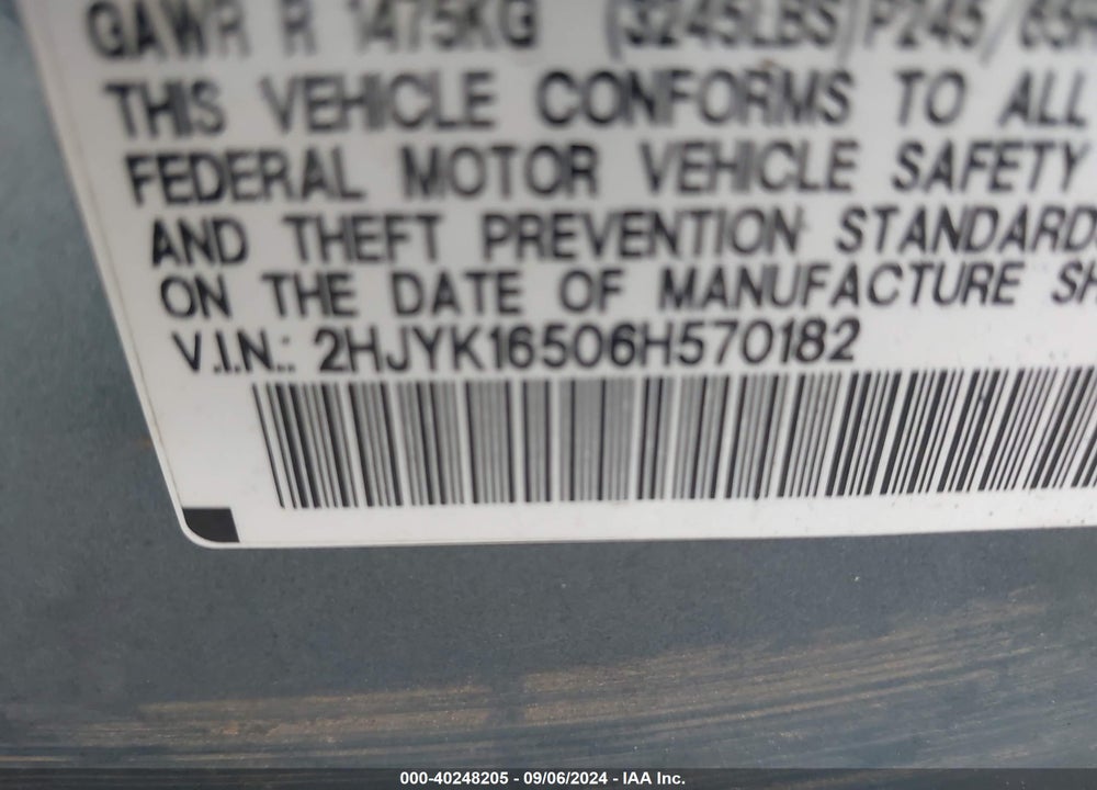2006 HONDA RIDGELINE RTL VIN: 2HJYK16506H570182