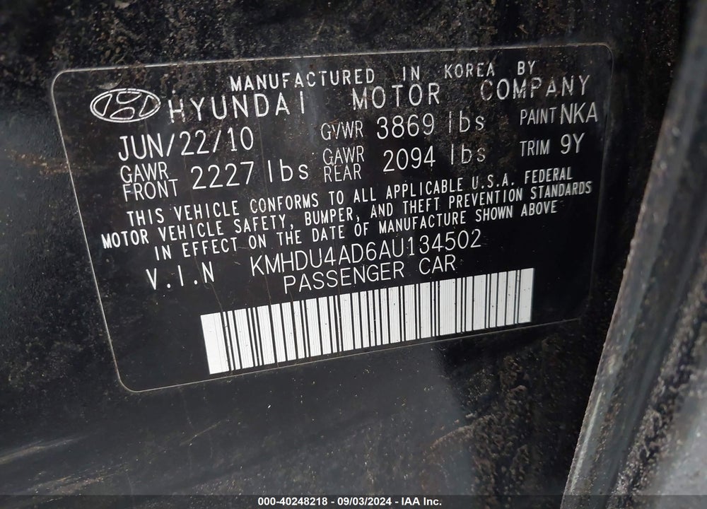 2010 HYUNDAI ELANTRA GLS VIN: KMHDU4AD6AU134502