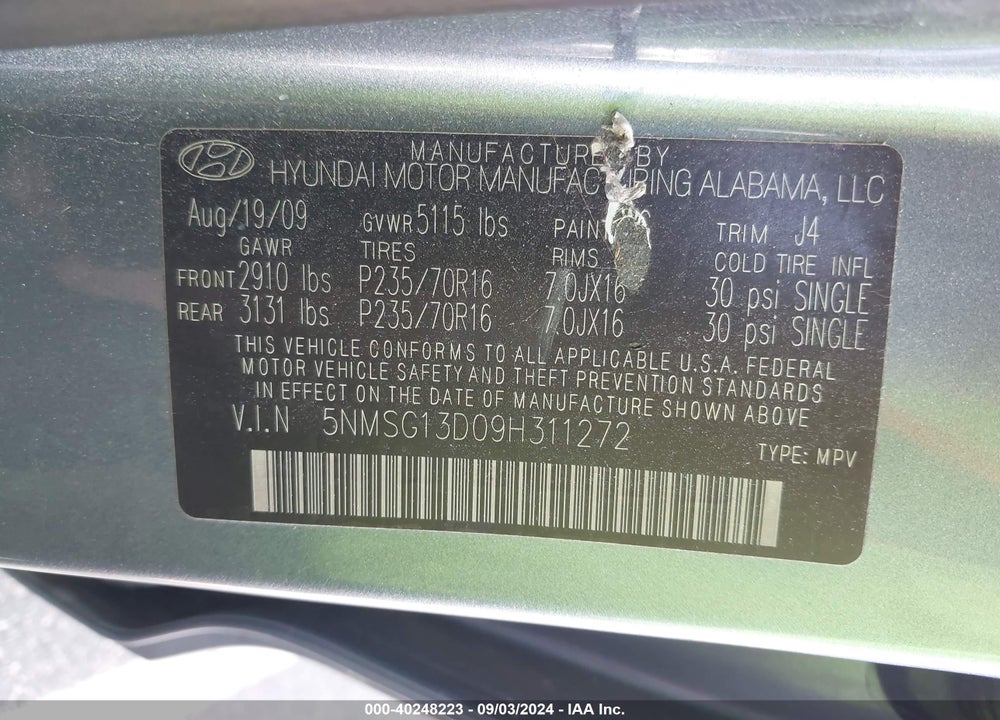2009 HYUNDAI SANTA FE GLS VIN: 5NMSG13D09H311272