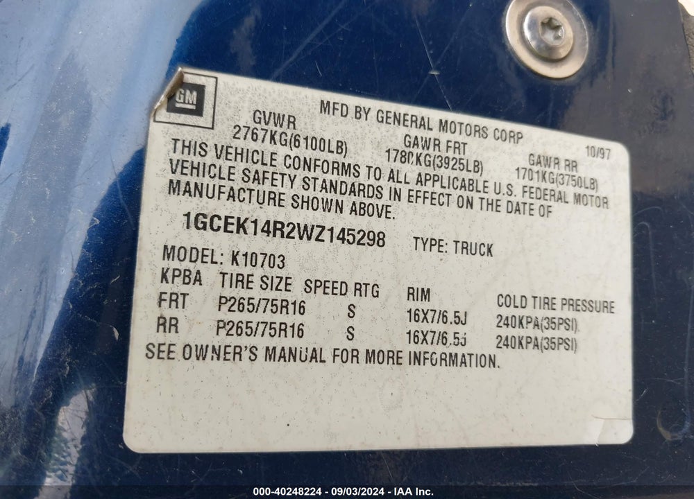 1998 CHEVROLET K1500 FLEETSIDE VIN: 1GCEK14R2WZ145298