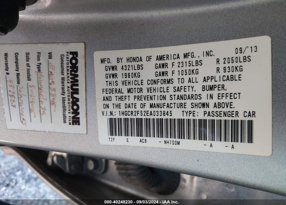 2014 HONDA ACCORD SPORT VIN: 1HGCR2F52EA033845