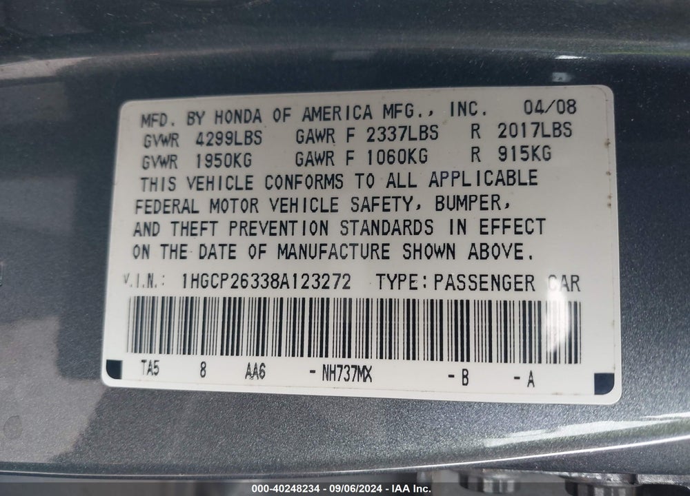 2008 HONDA ACCORD 2.4 LX VIN: 1HGCP26338A123272