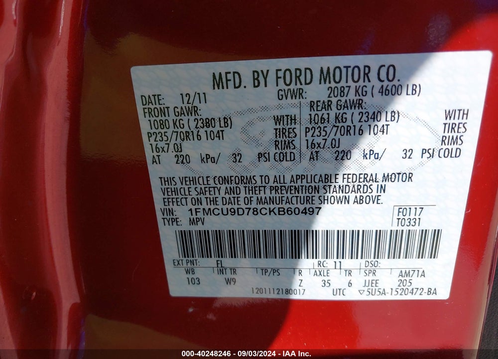 2012 FORD ESCAPE XLT VIN: 1FMCU9D78CKB60497