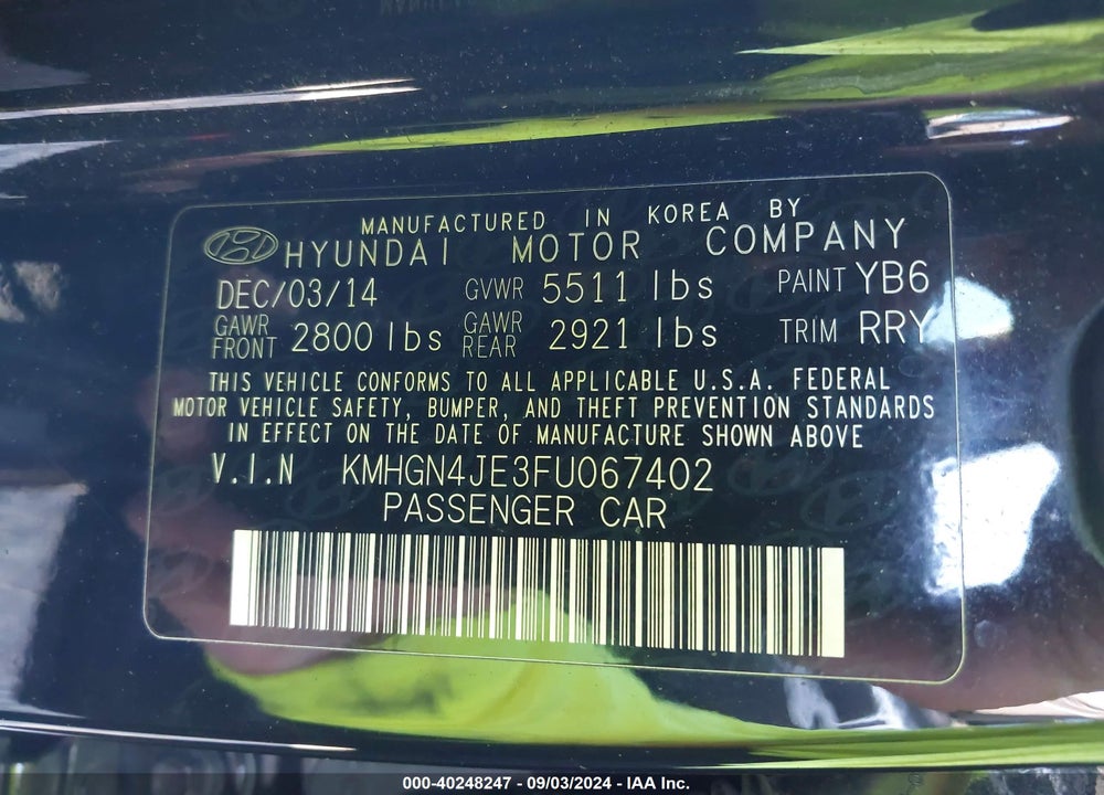2015 HYUNDAI GENESIS 3.8 VIN: KMHGN4JE3FU067402