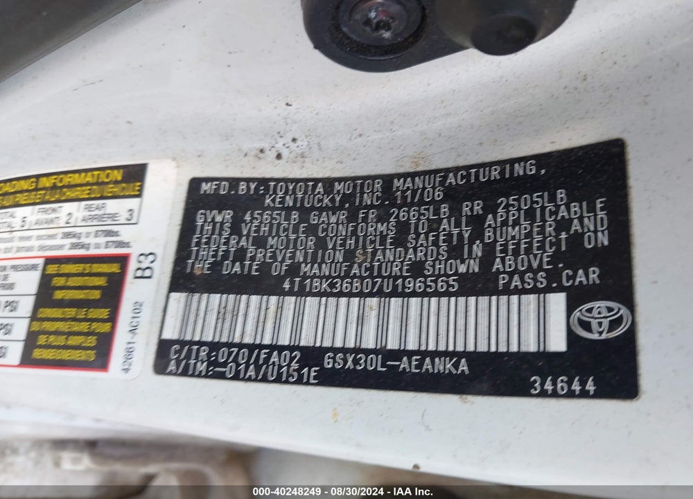 2007 TOYOTA AVALON XL VIN: 4T1BK36B07U196565
