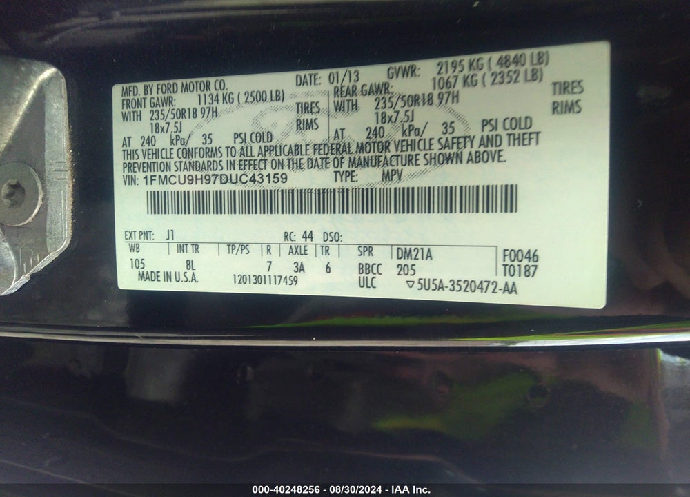 2013 FORD ESCAPE SEL VIN: 1FMCU9H97DUC43159