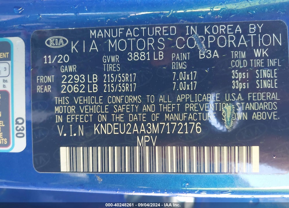 2021 KIA SELTOS S VIN: KNDEU2AA3M7172176