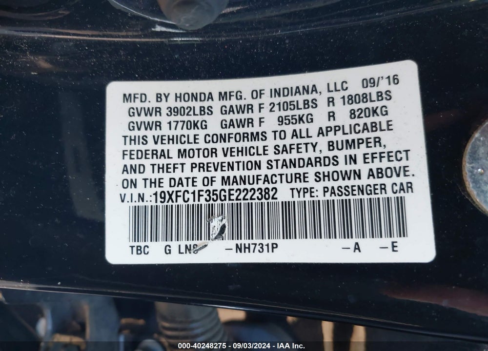 2016 HONDA CIVIC EX-T VIN: 19XFC1F35GE222382