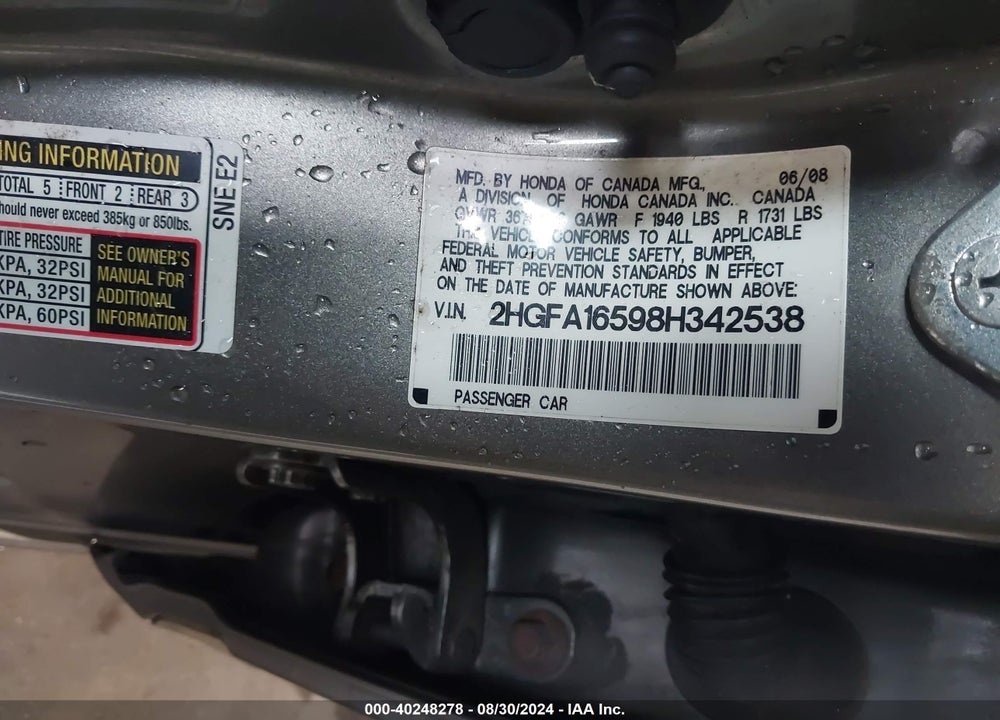 2008 HONDA CIVIC SDN LX VIN: 2HGFA16598H342538